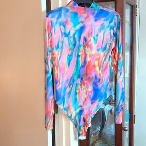 Colorful Tie-Dye Long Sleeve Bodysuit NWOT Very Sheer